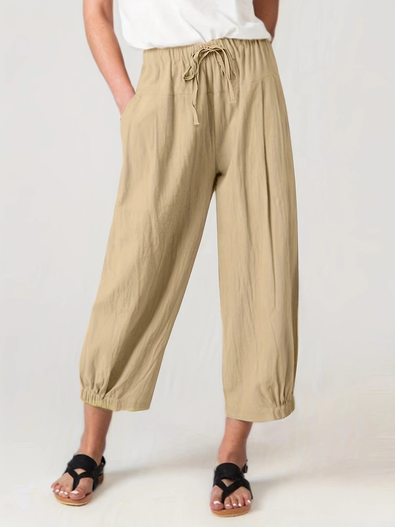 Cropped Linen Trousers with Elastic Waistband for Women