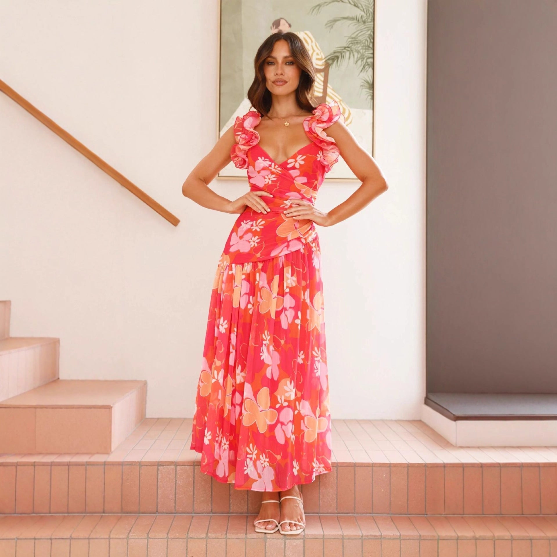 Ruffle V-Neck Wedding Guest Maxi Dress for Women
