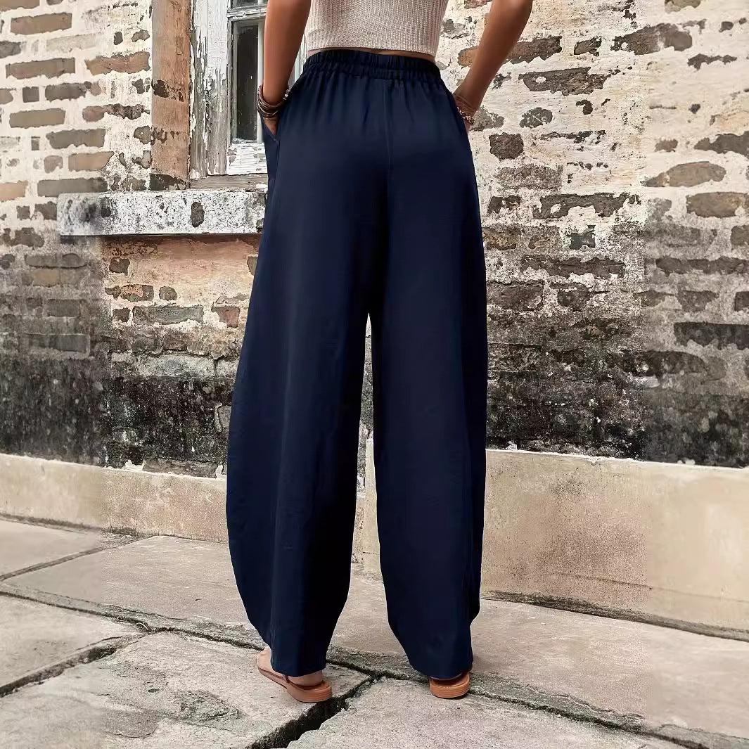 Wide Leg Linen Trousers with Side Pockets for Women