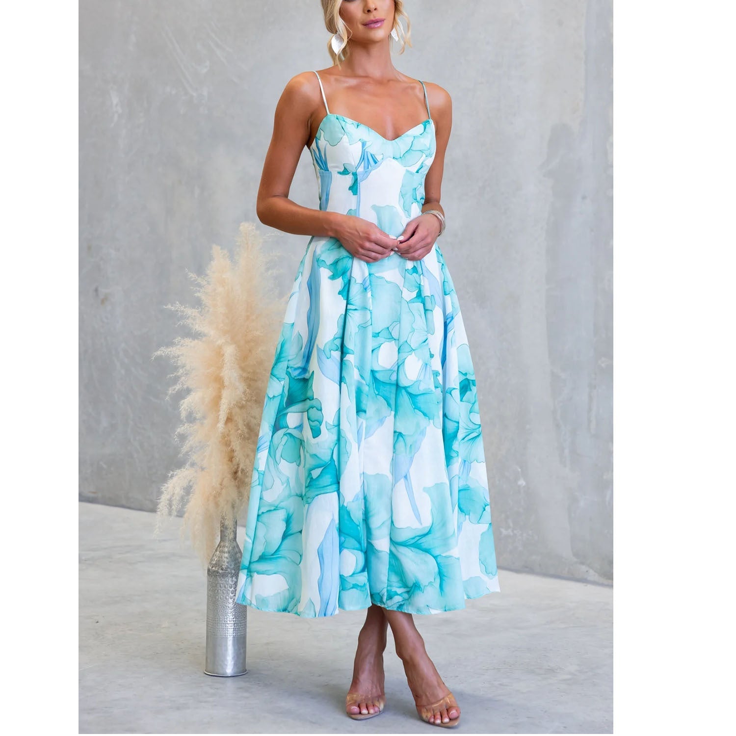 V-Neck Wedding Guest Floral Maxi Dress for Women