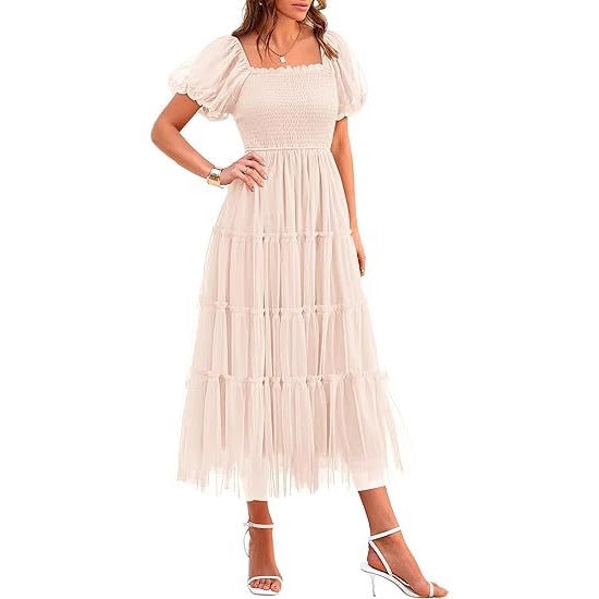 Puff Sleeve Wedding Guest Tiered Maxi Dress for Women