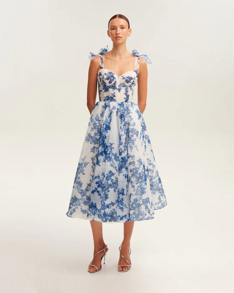 Sweetheart Neckline A-Line Midi Dress with Tie Straps for Women