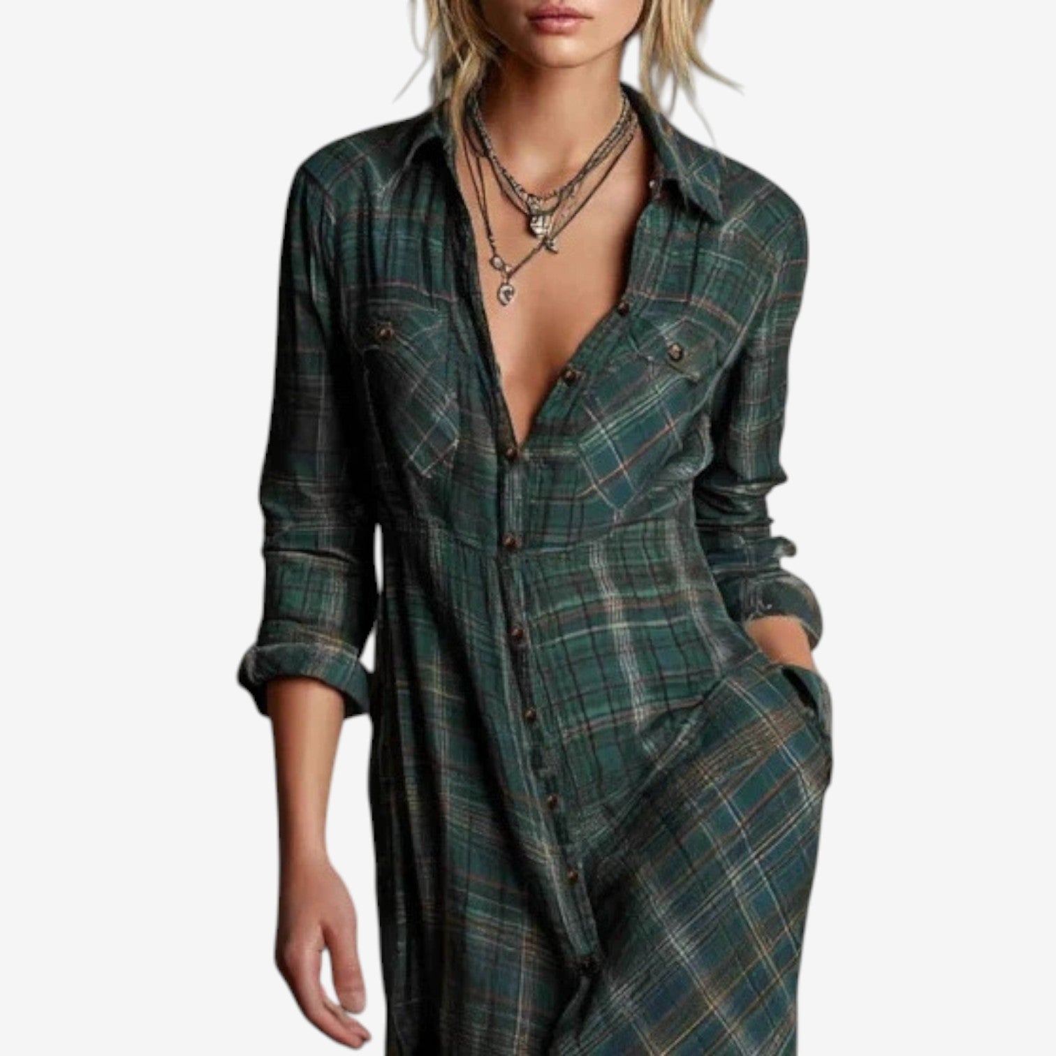 Button-Down Plaid Wedding Guest Maxi Dress for Women