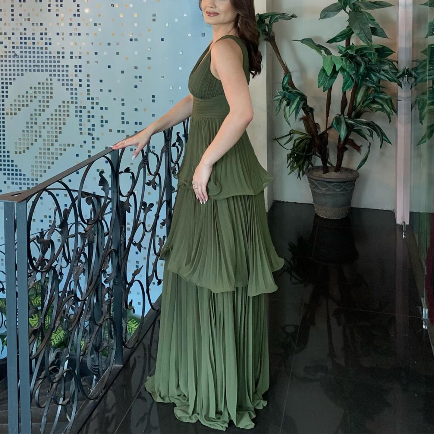 Pleated V-Neck Sleeveless Wedding Guest Maxi Dress for Women