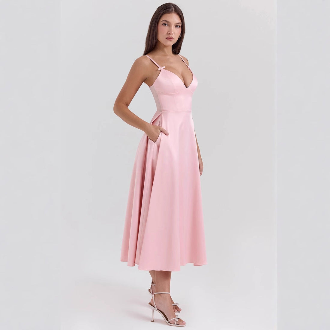 V-Neck Wedding Guest Midi Dress for Women