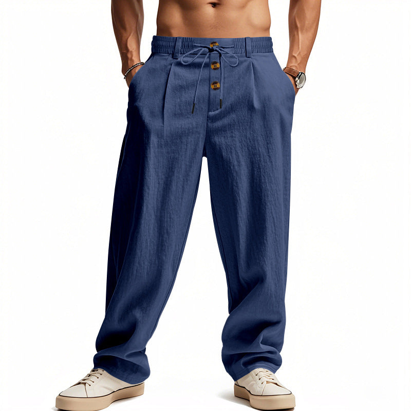Straight Leg Linen Trousers with Button Waistband for Men