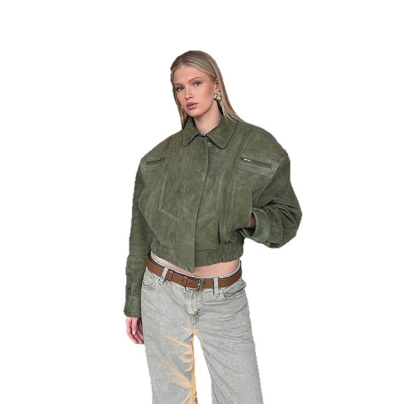 Cropped Suede Bomber Jacket for Women
