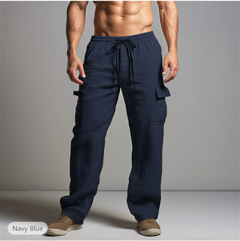 Relaxed Fit Linen Trousers with Cargo Pockets for Men