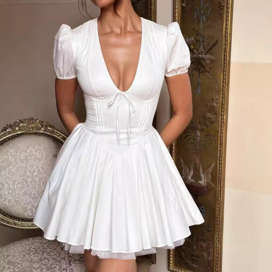 Satin Ruffle Dress with Puff Sleeve for Women