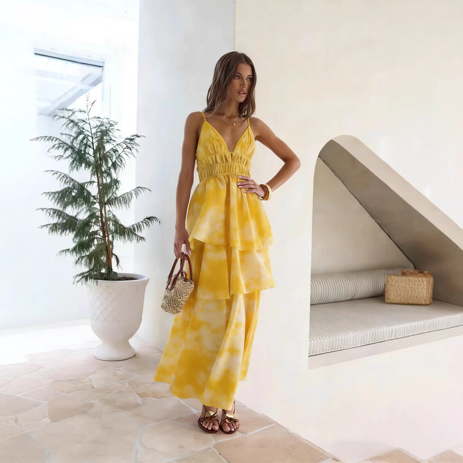 V-Neck Wedding Guest Maxi Dress with Tiered Ruffle for Women