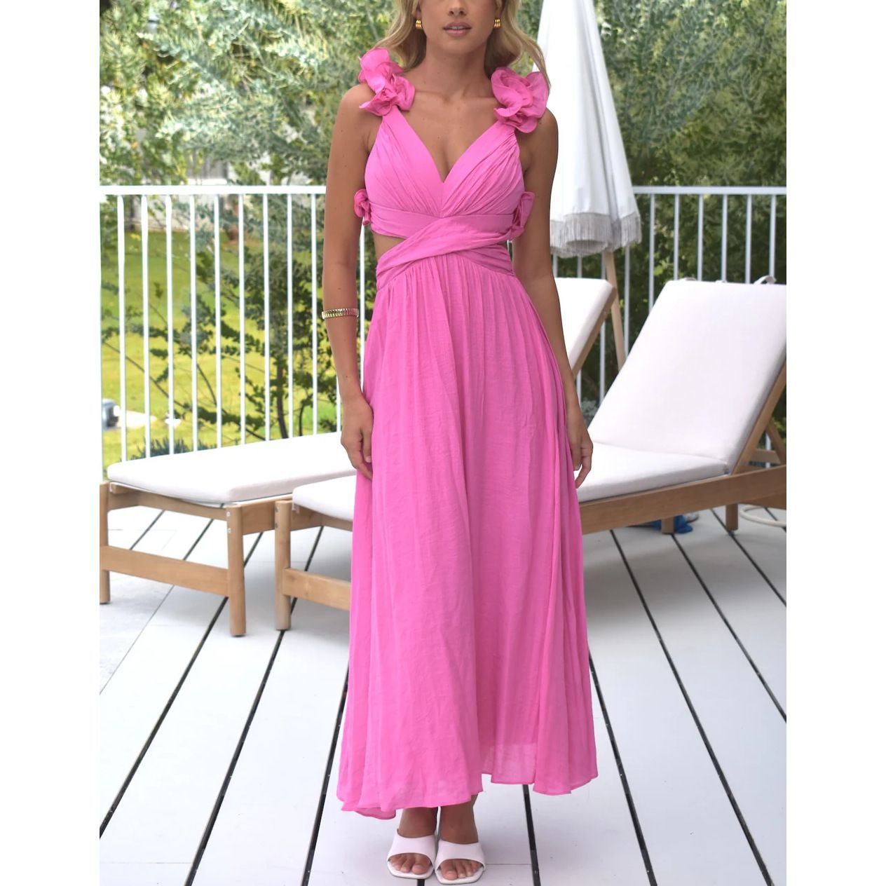 Wedding Guest V-Neck Puffed Sleeve Maxi Dress for Women