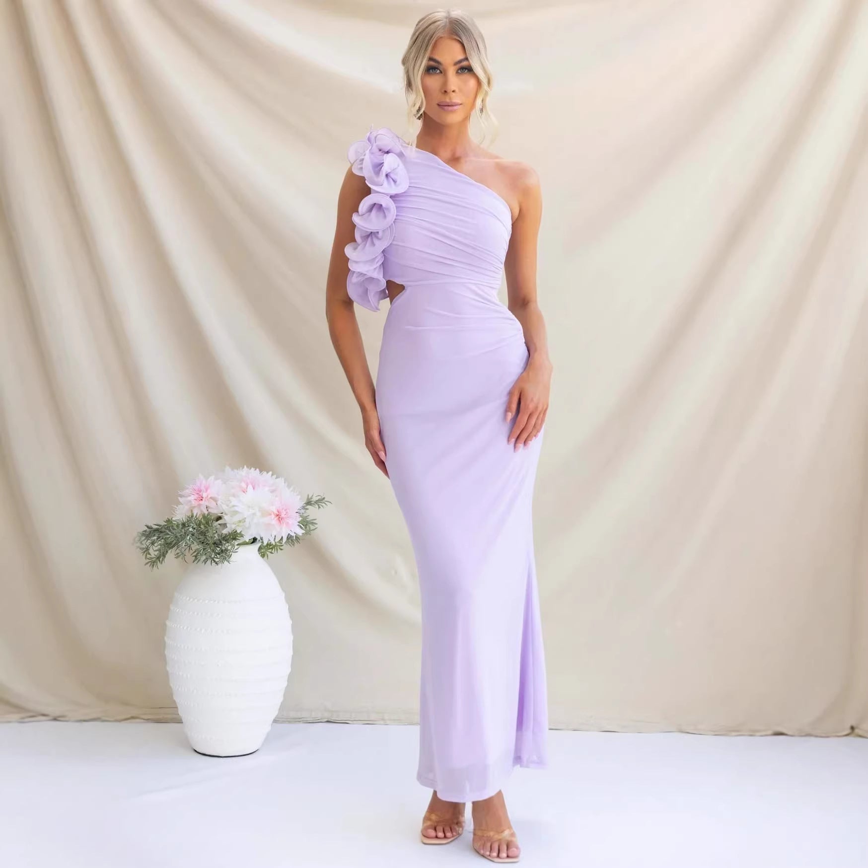 One-Shoulder Ruffled Wedding Guest Maxi Dress for Women