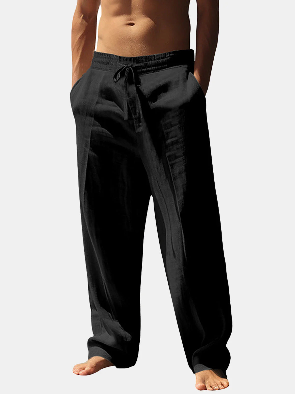 Linen Trousers with Elastic Waistband and Side Pockets for Men