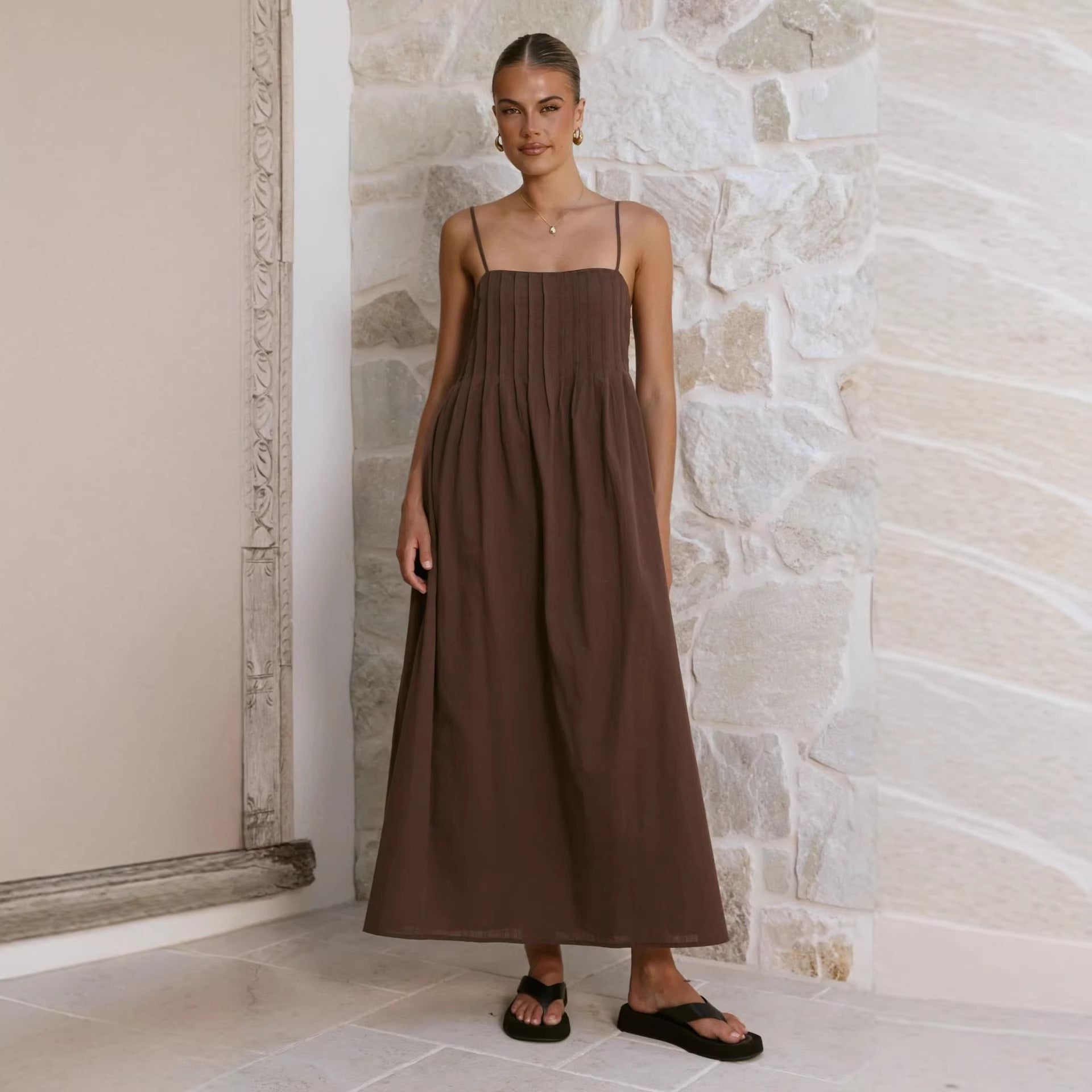 Gathered Bodice Spaghetti Strap Wedding Guest Maxi Dress for Women