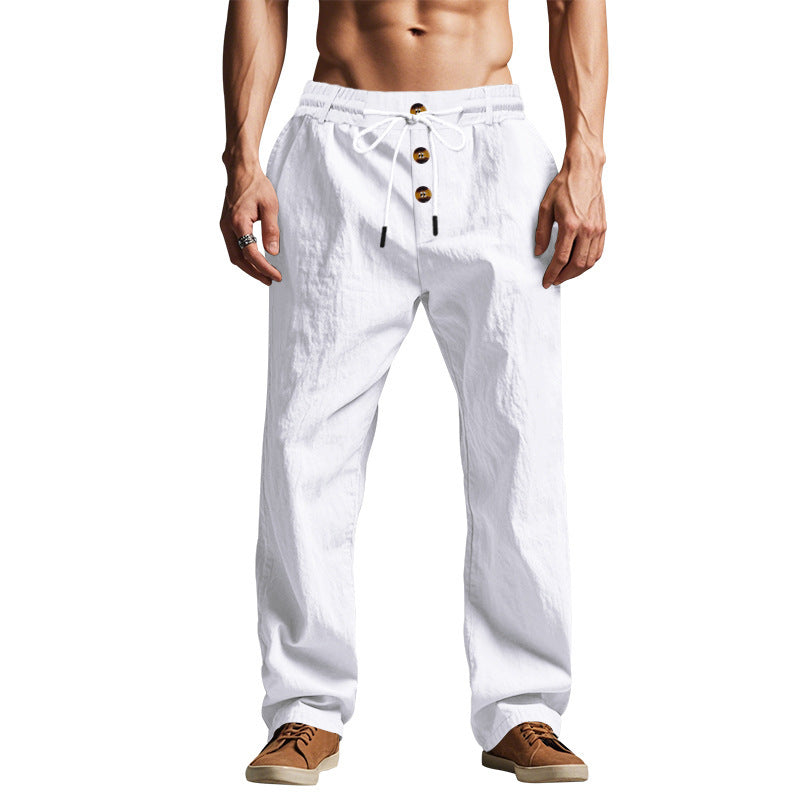 Straight Leg Linen Trousers with Button Details for Men
