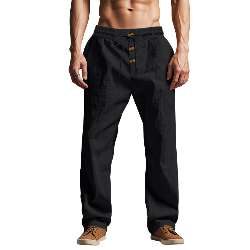 Straight Leg Linen Trousers with Button Details for Men