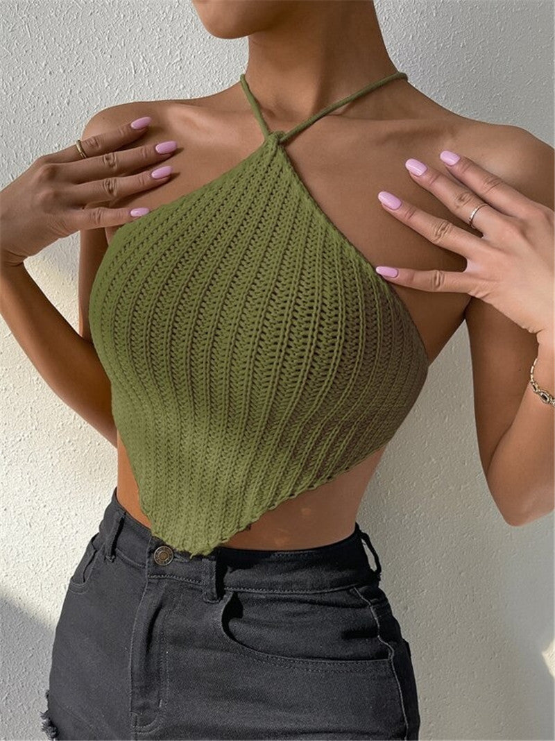 Halter Neck Ribbed Crochet Crop Top for Women