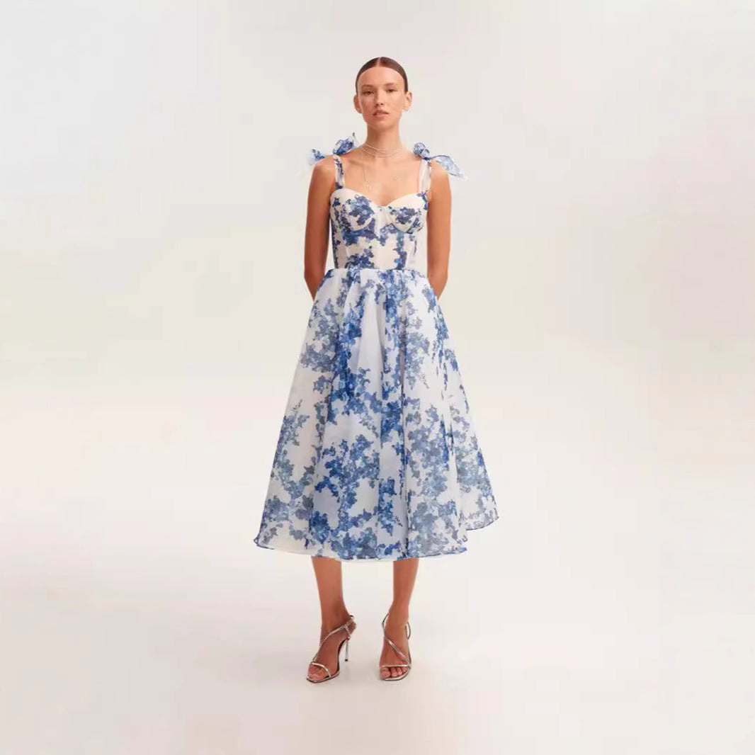 Sweetheart Neckline A-Line Midi Dress with Tie Straps for Women