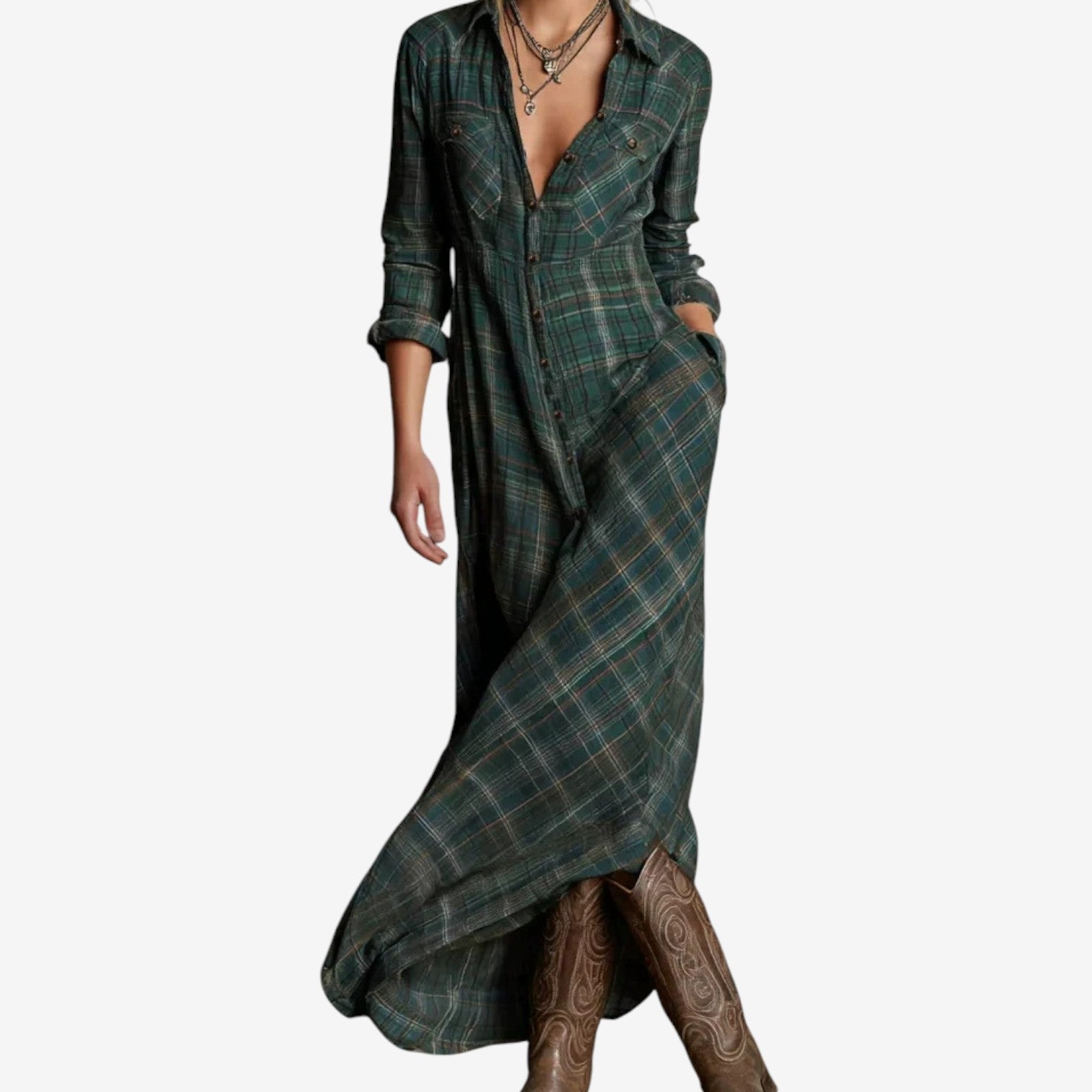 Button-Down Plaid Wedding Guest Maxi Dress for Women