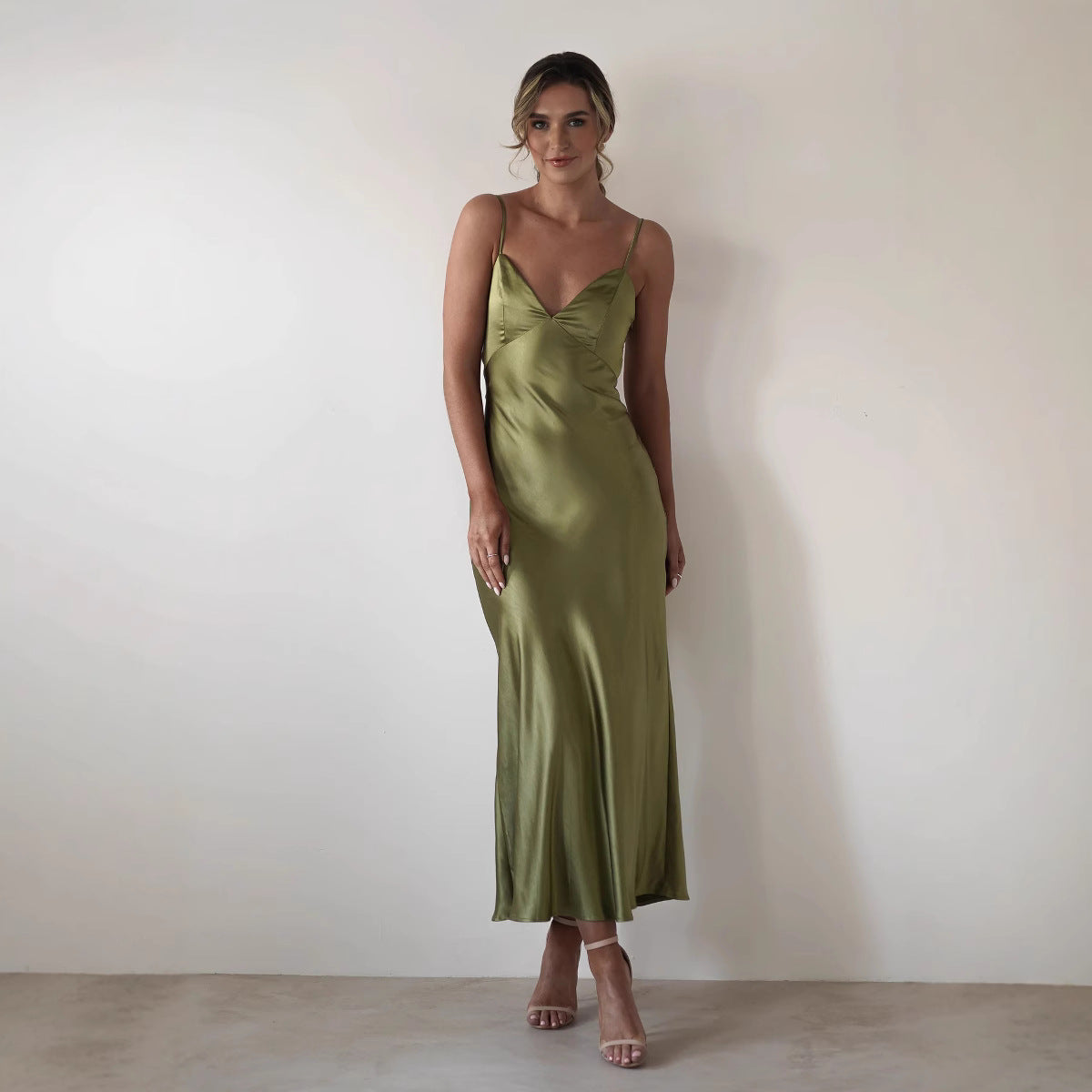 Satin V-Neck Spaghetti Strap Wedding Guest Maxi Dress for Women