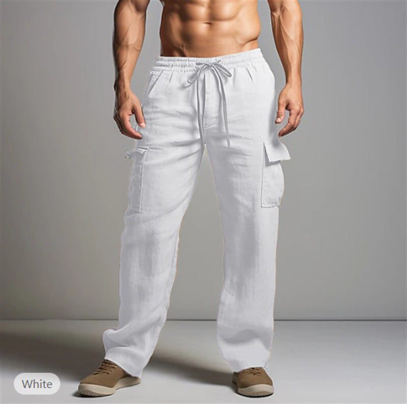 Relaxed Fit Linen Trousers with Cargo Pockets for Men