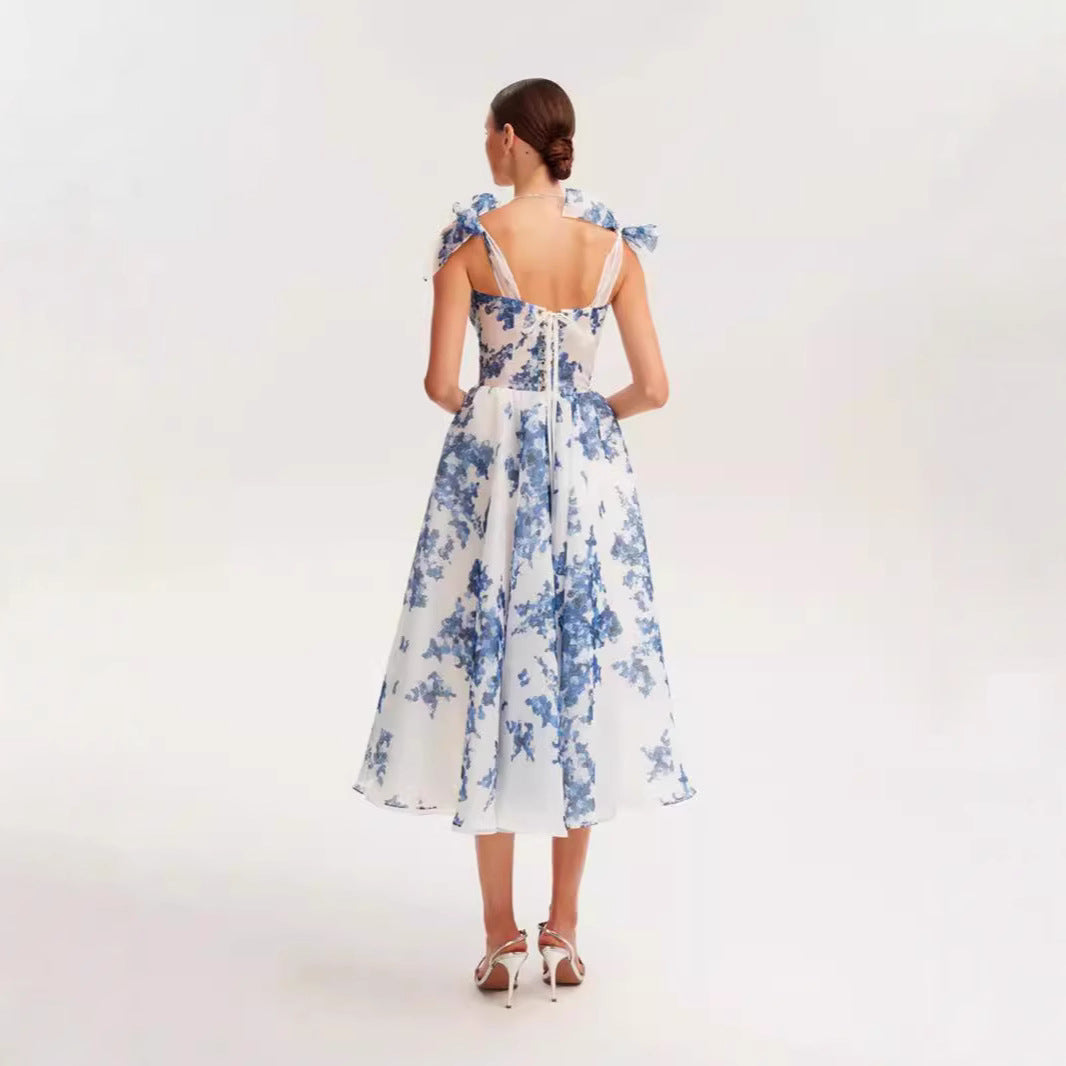 Sweetheart Neckline A-Line Midi Dress with Tie Straps for Women