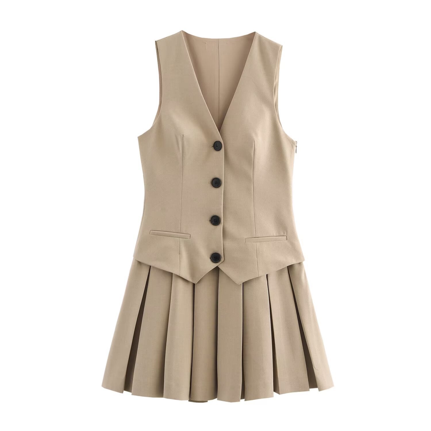 Pleated Two Piece Gilet and Mini Dress Set for Women