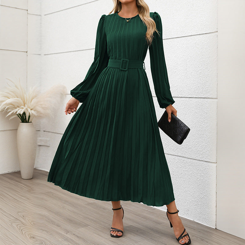 Pleated Midi Dress with Belted Waist and Long Sleeves for Women
