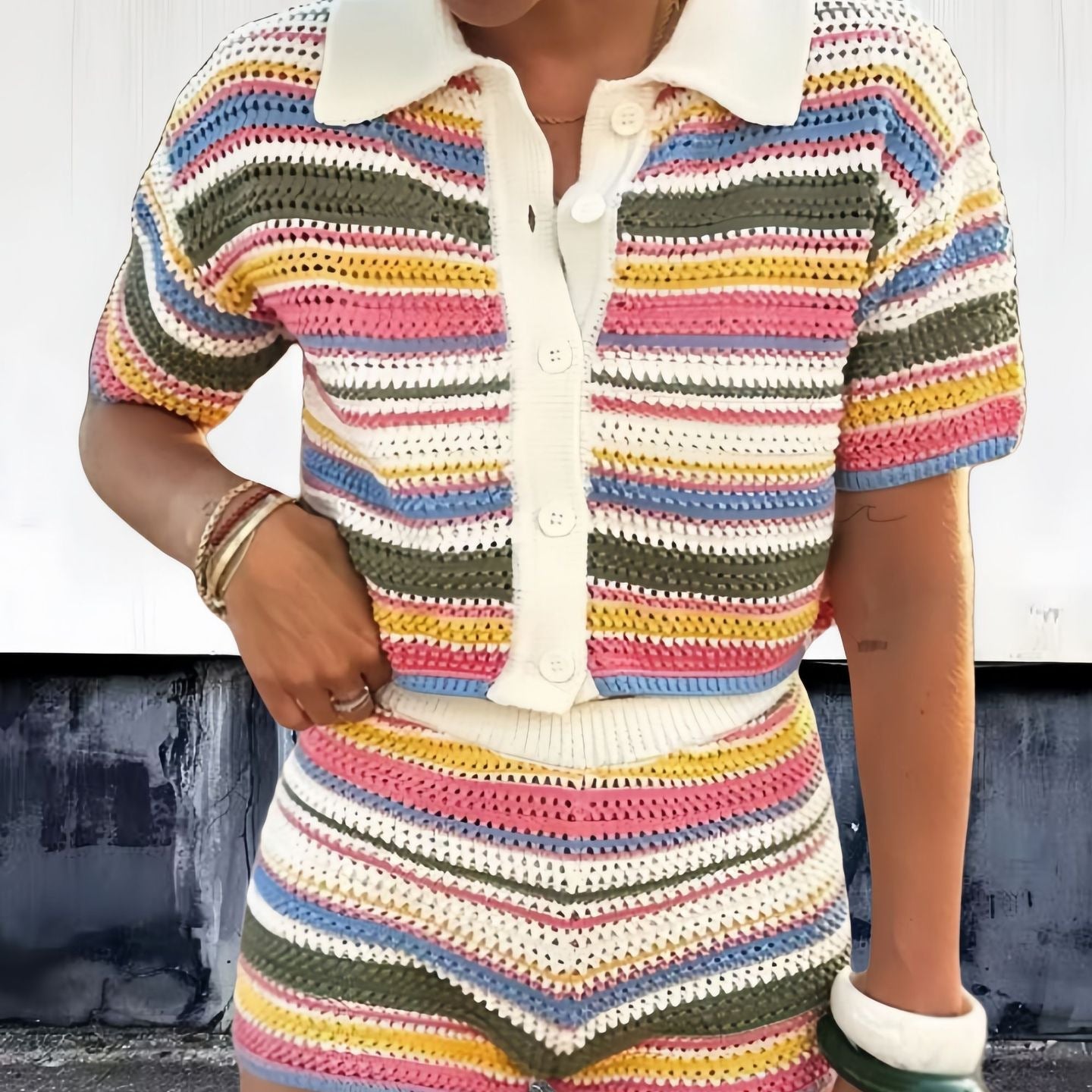 Cropped Striped Crochet Co-Ord for Women