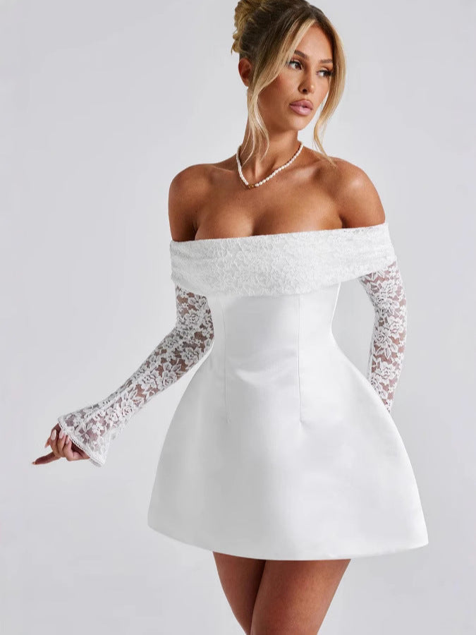 Off-Shoulder Flare Dress with Lace Sleeves for Women