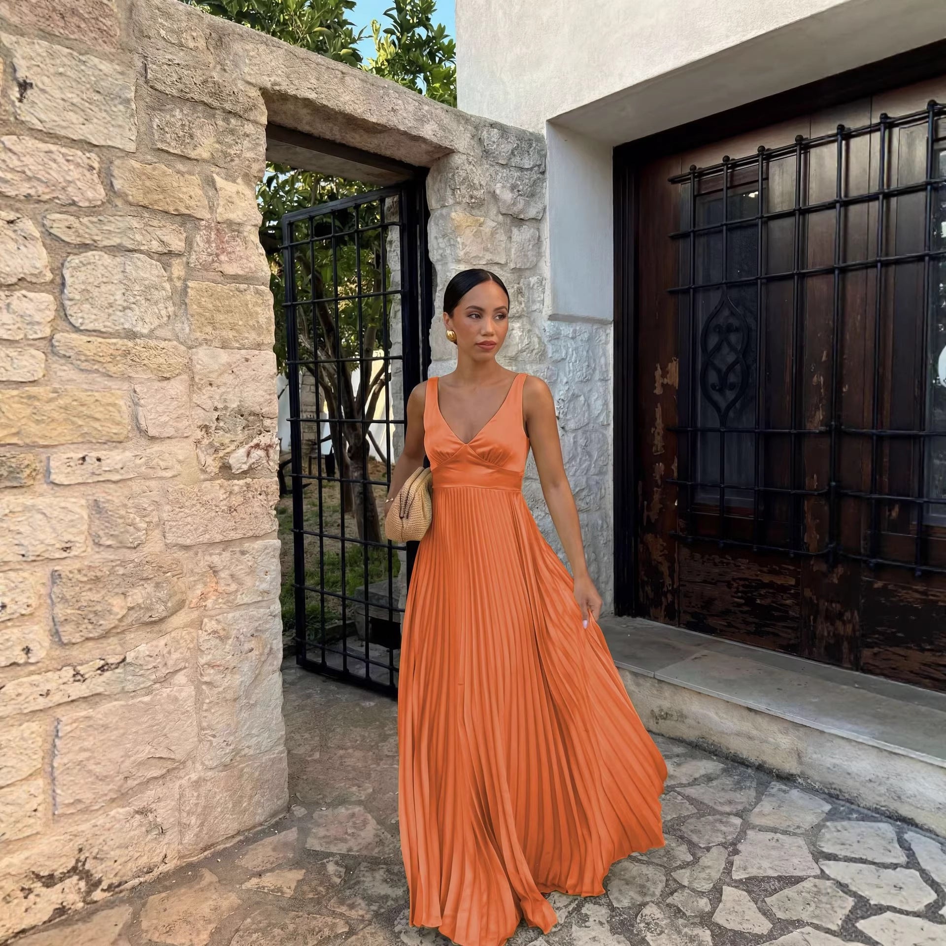 Pleated V-Neck Wedding Guest Maxi Dress for Women