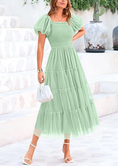 Puff Sleeve Wedding Guest Tiered Maxi Dress for Women