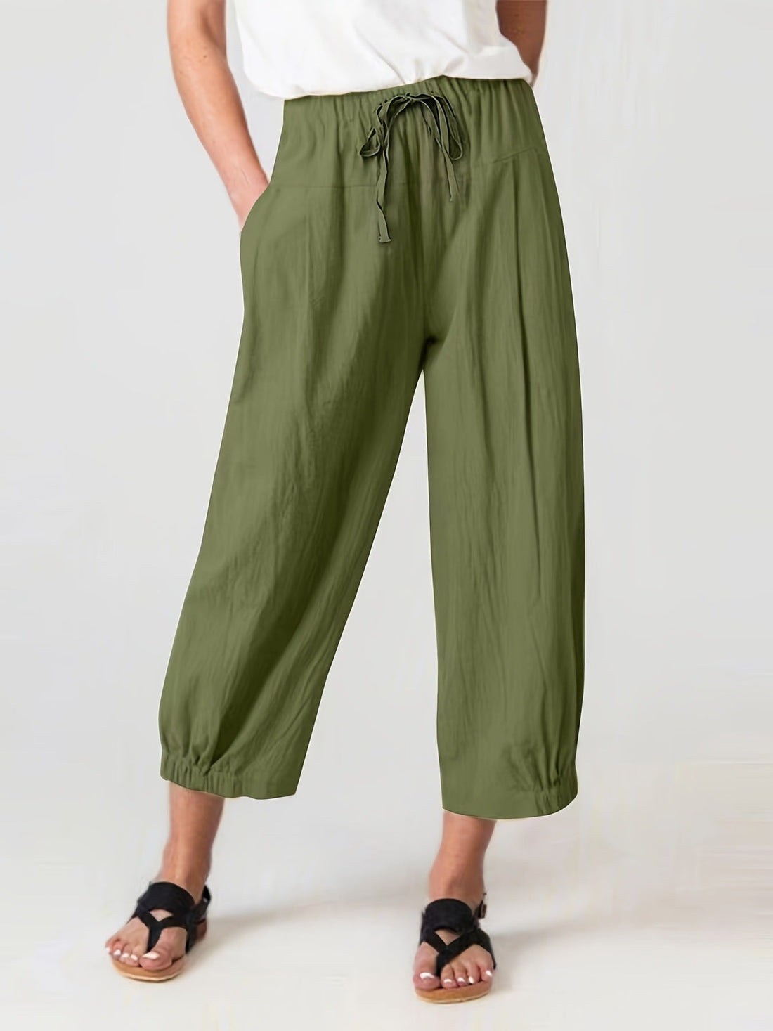 Cropped Linen Trousers with Elastic Waistband for Women