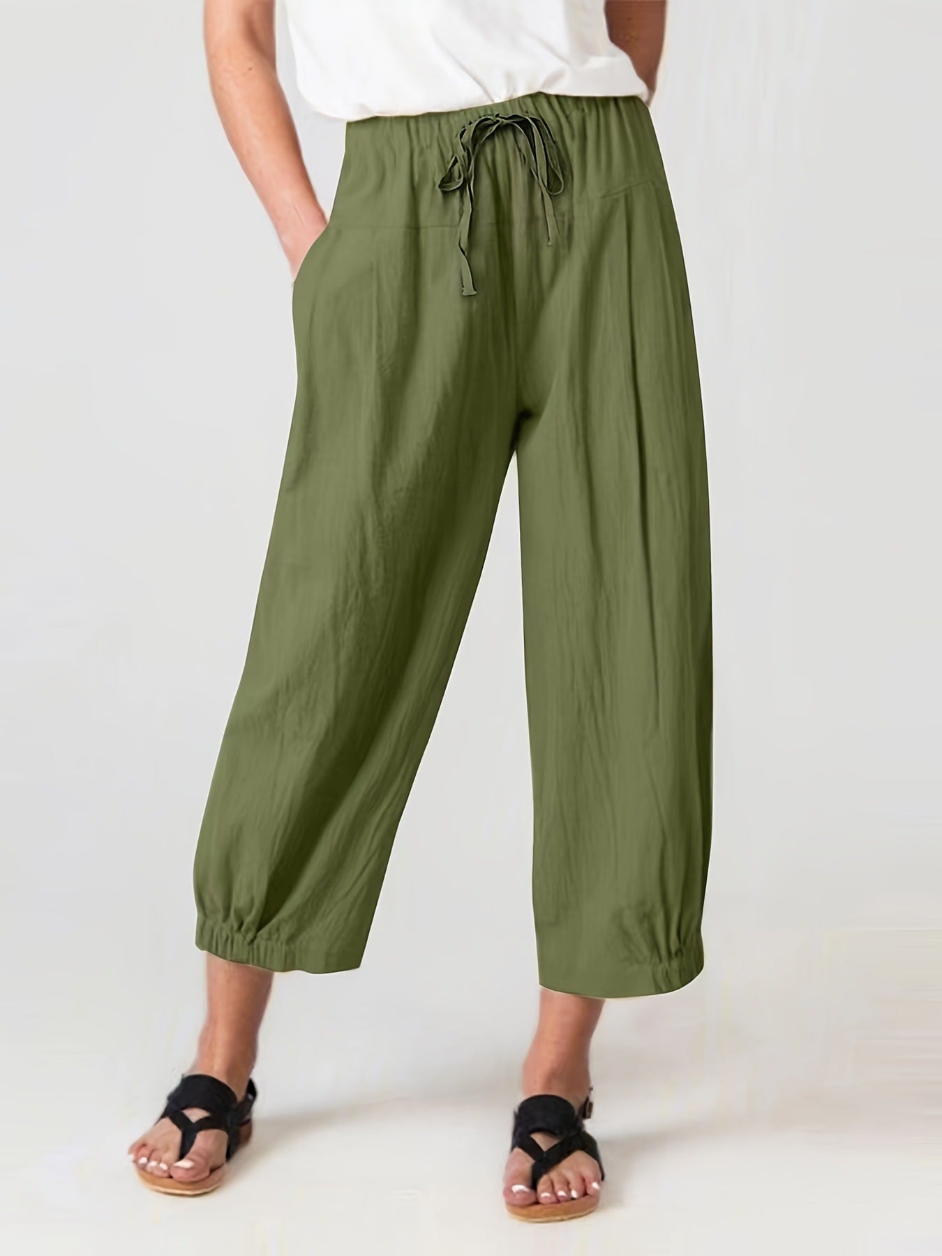 Cropped Linen Trousers with Elastic Waistband for Women
