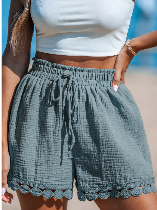 Relaxed Fit Linen Shorts with Scalloped Hem for Women