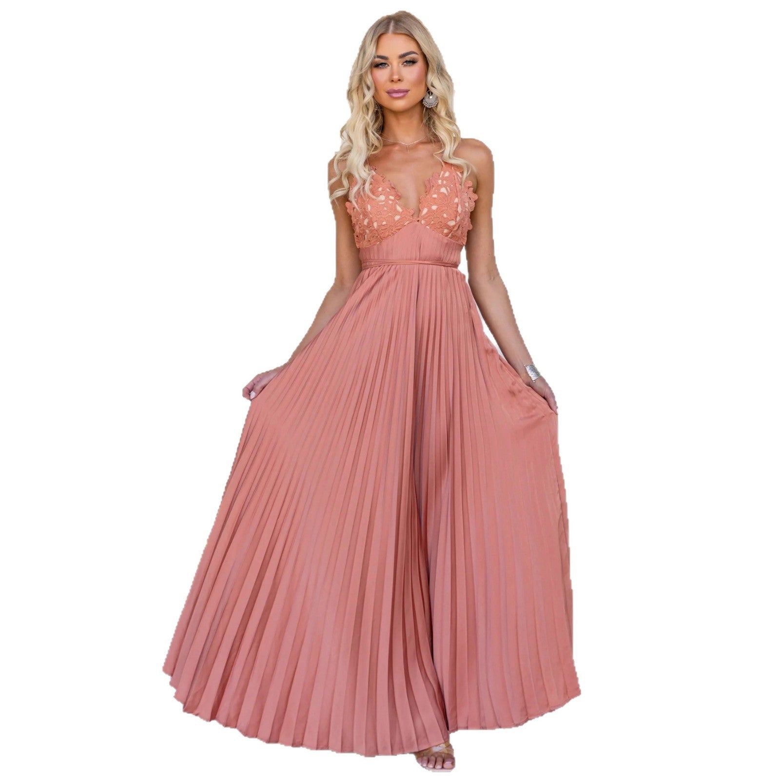Pleated Wedding Guest Maxi Dress with Embellished Neckline for Women