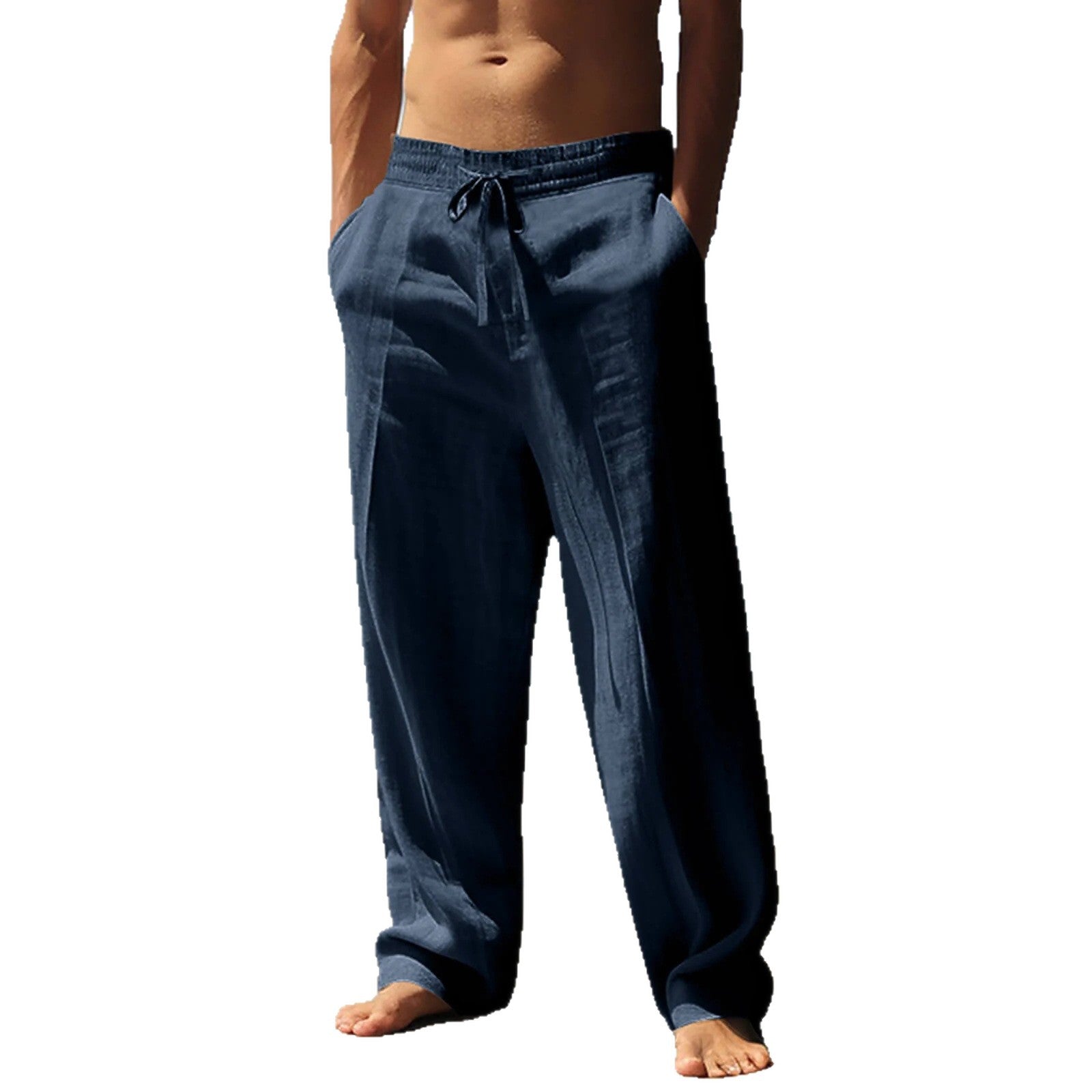 Linen Trousers with Elastic Waistband and Side Pockets for Men