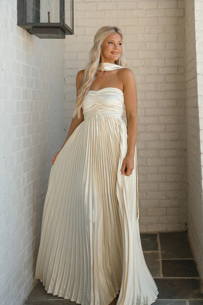 Halterneck Pleated Wedding Guest Maxi Dress for Women