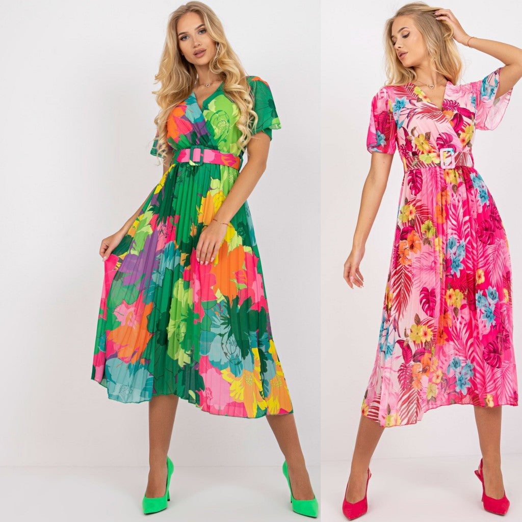 Pleated Floral Maxi Dress with Belt for Women