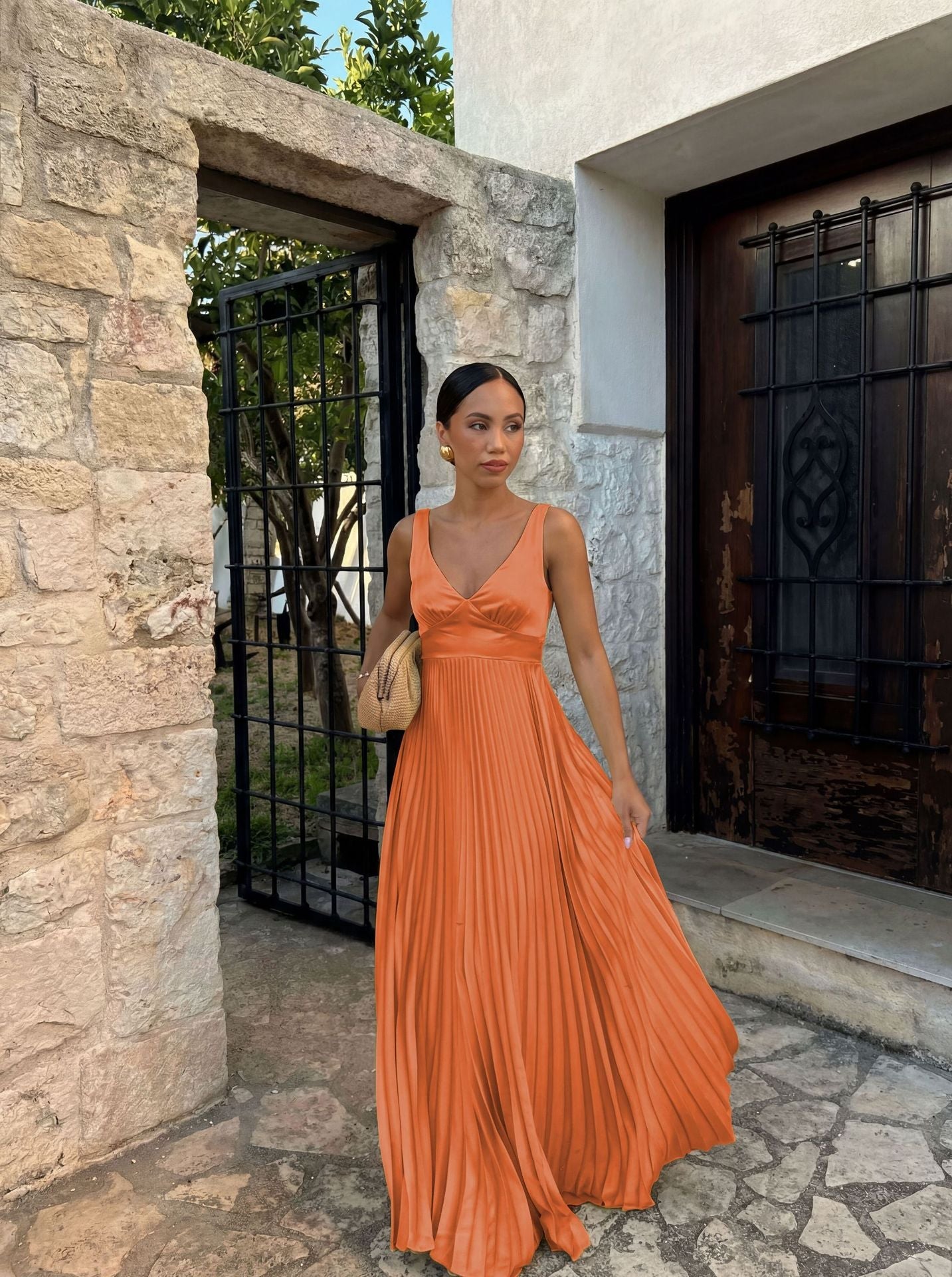 Pleated V-Neck Wedding Guest Maxi Dress for Women