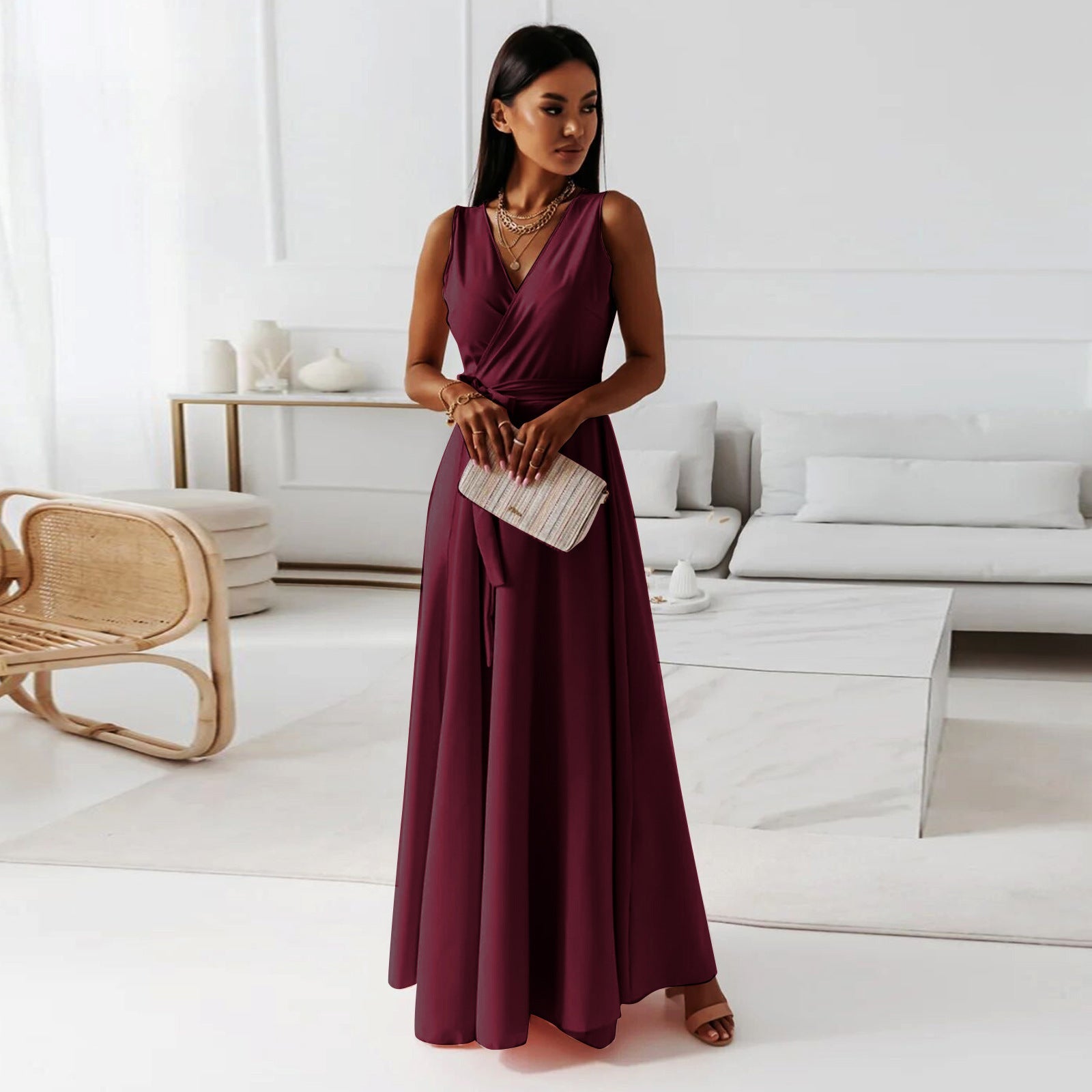 Wedding Guest V-Neck Wrap Maxi Dress for Women