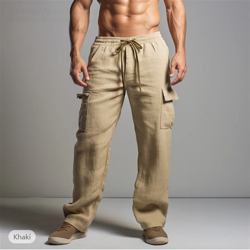 Relaxed Fit Linen Trousers with Cargo Pockets for Men