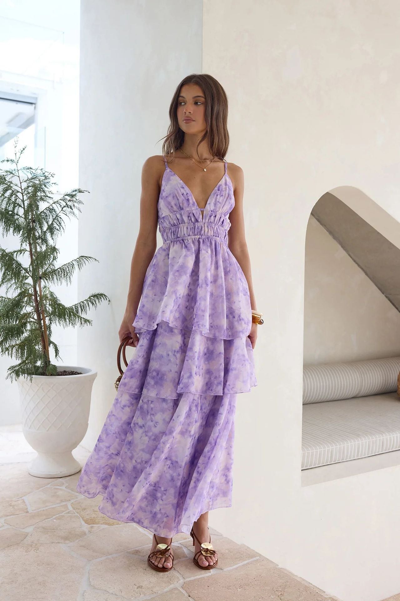 V-Neck Wedding Guest Maxi Dress with Tiered Ruffle for Women