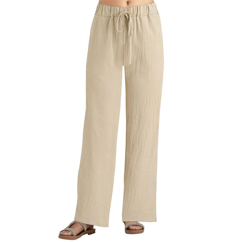 Straight Leg Linen Trousers with Drawstring Waist for Women