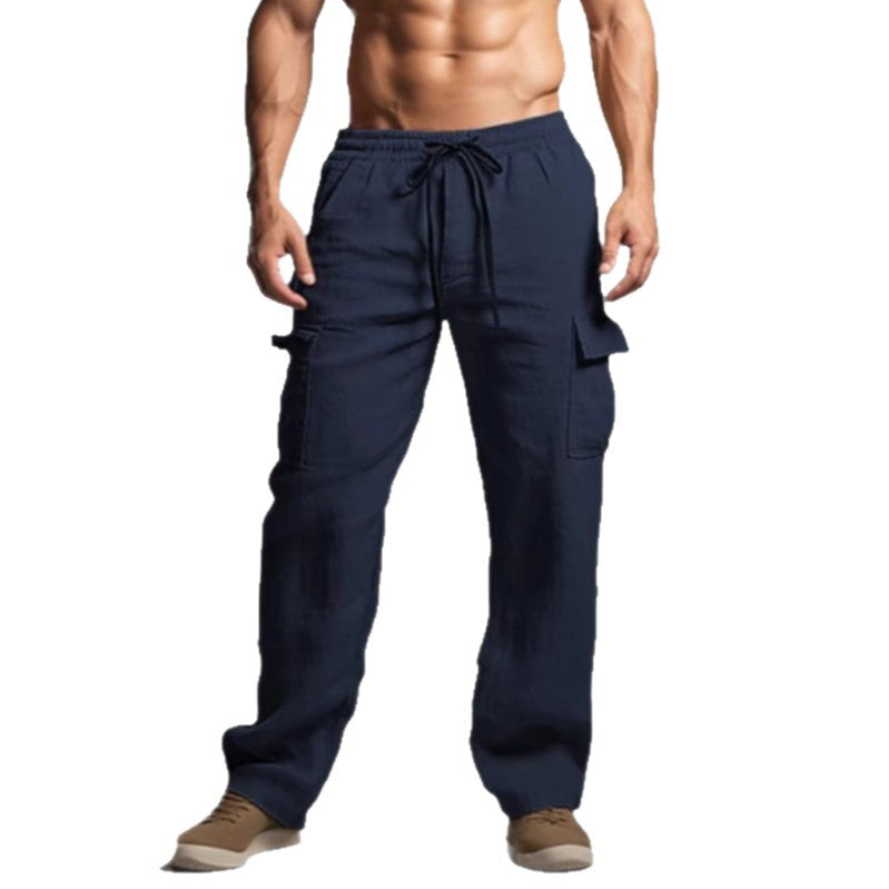 Relaxed Fit Linen Trousers with Cargo Pockets for Men