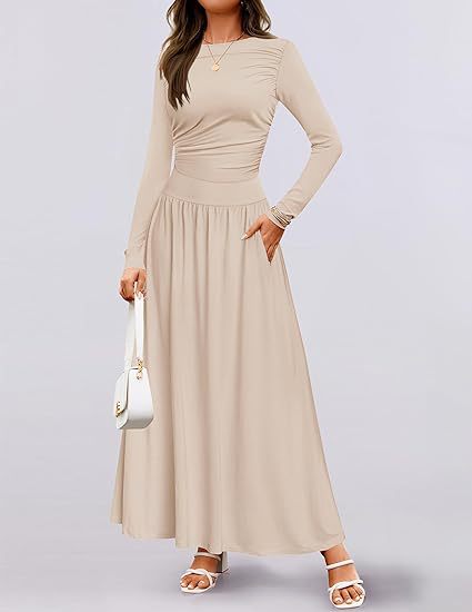 Long Sleeve Wedding Guest Maxi Dress with Pockets for Women