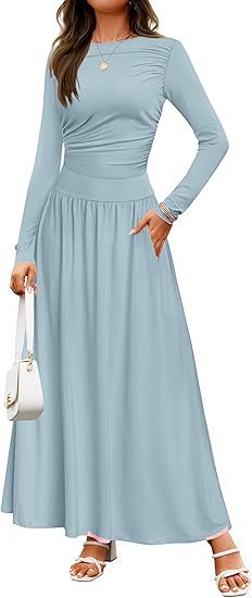 Long Sleeve Wedding Guest Maxi Dress with Pockets for Women