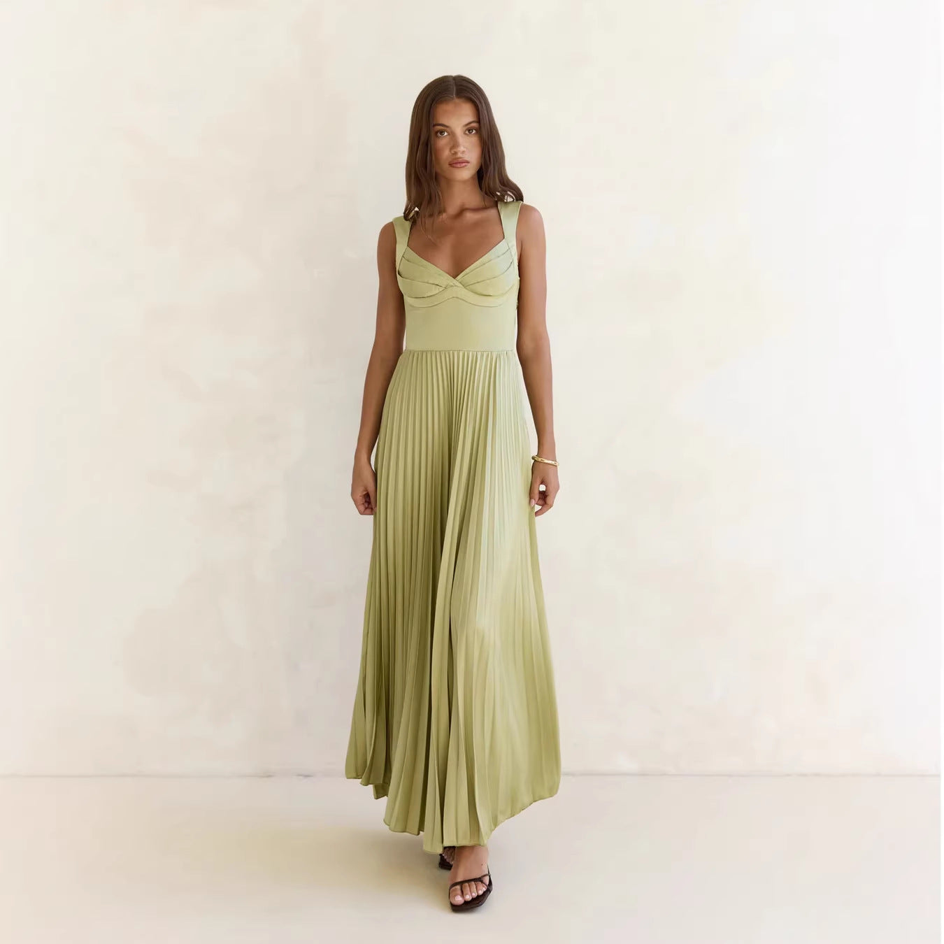 Pleated V-Neck Wedding Guest Maxi Dress for Women