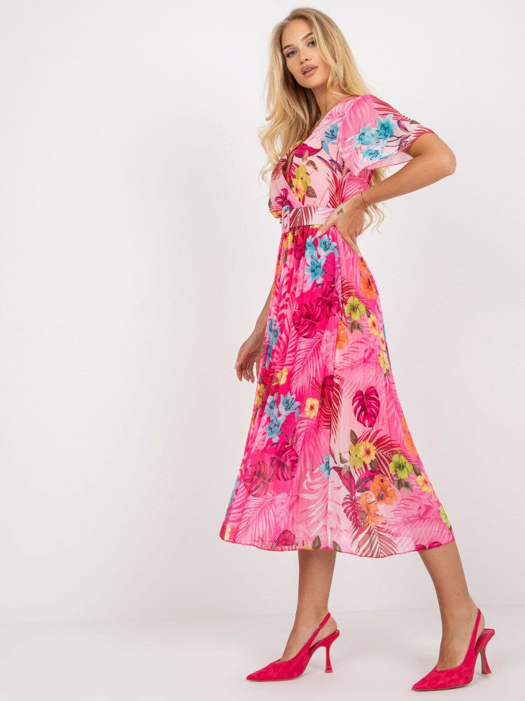Pleated Floral Maxi Dress with Belt for Women