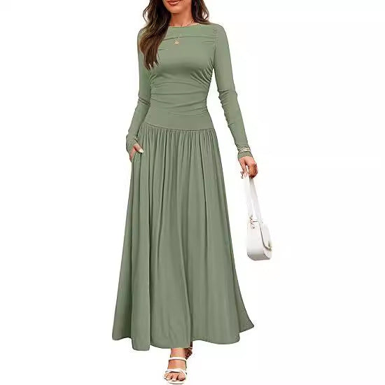 Long Sleeve Wedding Guest Maxi Dress with Pockets for Women
